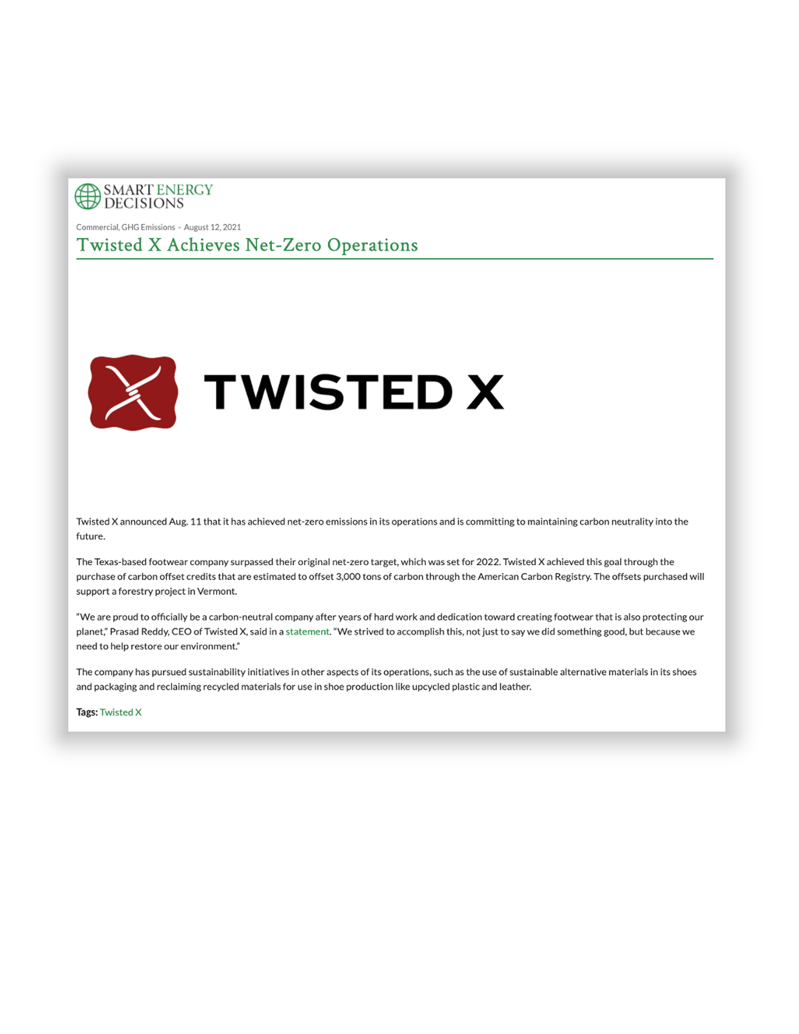 Twisted X Achieves Net-Zero Operations