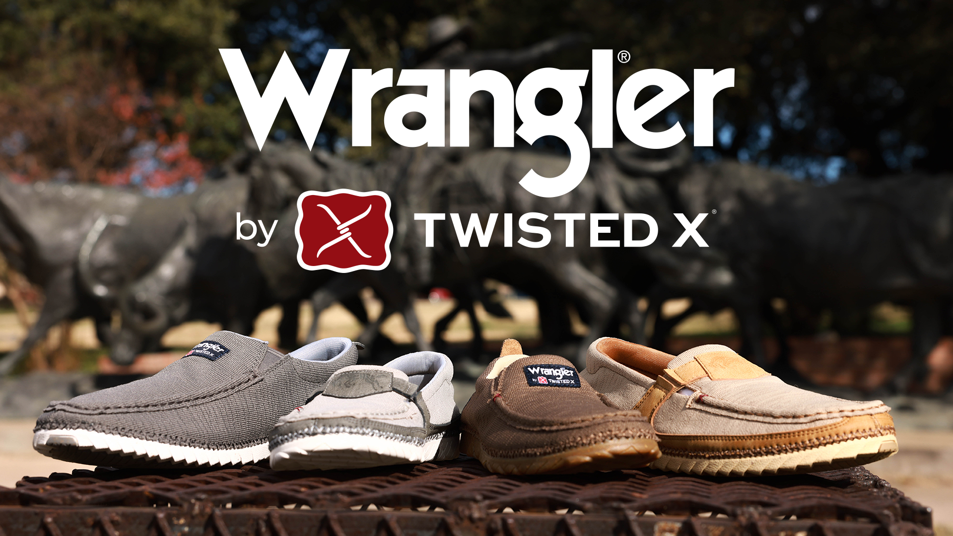 Shoes on a bench with Wrangler by Twisted X in text above